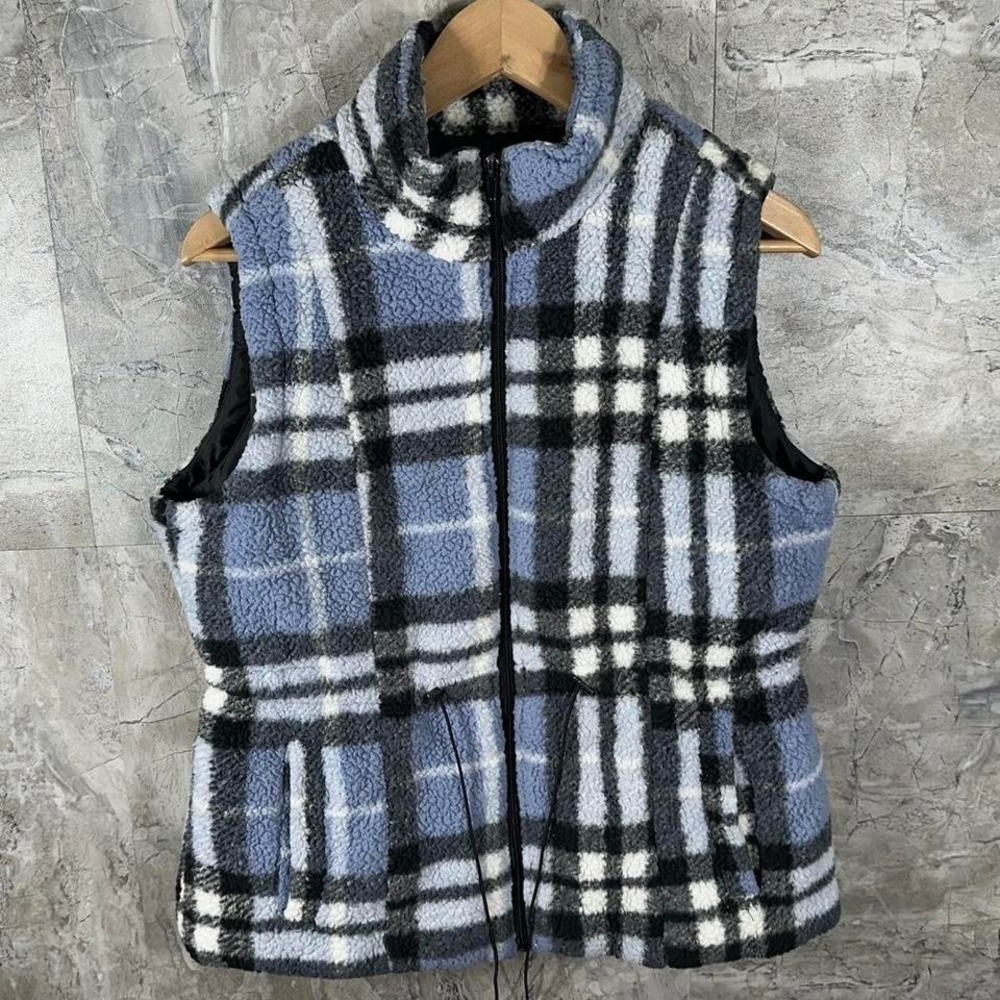 Architect fleece plaid vest blue cozy petite size large women's
